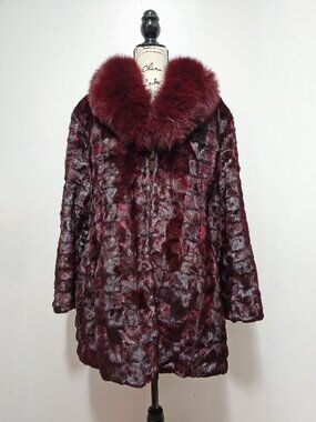 NewReal Mink Fur Coat Striped Mosaic Pieced Wine Red Burgundy Magenta Plum Fox